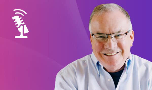 doctor jim knight on a pink and purple gradient backgroun