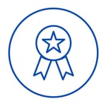 dark blue circle icon with a ribbon in the center