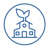 dark blue circle icon with schoolhouse and leaf