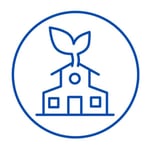 dark blue circle icon with schoolhouse and leaf