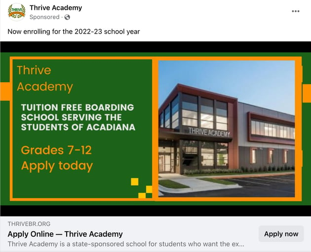 a school social media ad for thrive academy of baton rouge