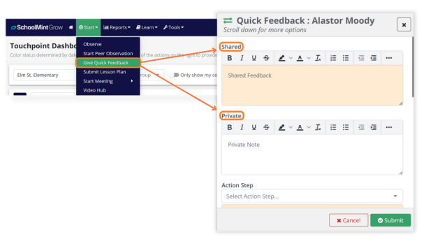 quick feedback feature in teacher coaching software schoolmint grow