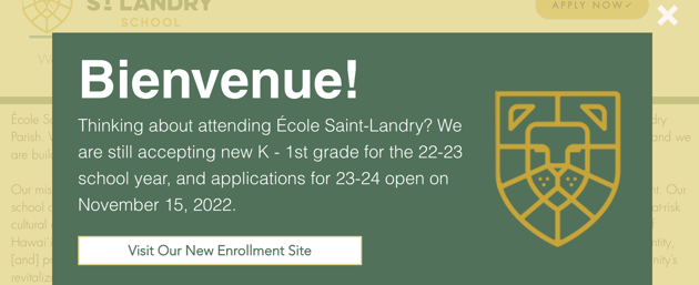 school website enrollment popup example